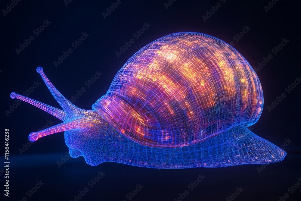 Poster a blue and orange shell with a light on it. the shell is made of wires. the shell is on a black back