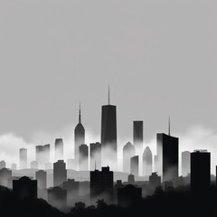 Obraz premium A skyline of modern buildings emerging from mist showcasing urban architecture and nature. skyline silhouette. cityscape illustration architecture city 