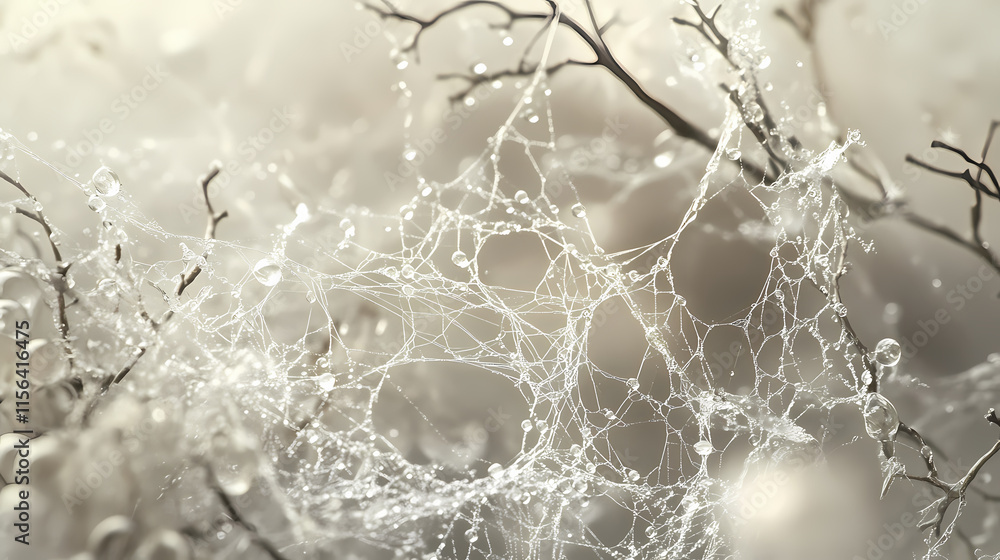 Wall mural a close up macro shot of a spider web with water droplets clinging to the silken threads, showcasing