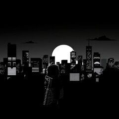 Child silhouette with a big city in the background cartoon style. skyline silhouette. cityscape illustration architecture city 