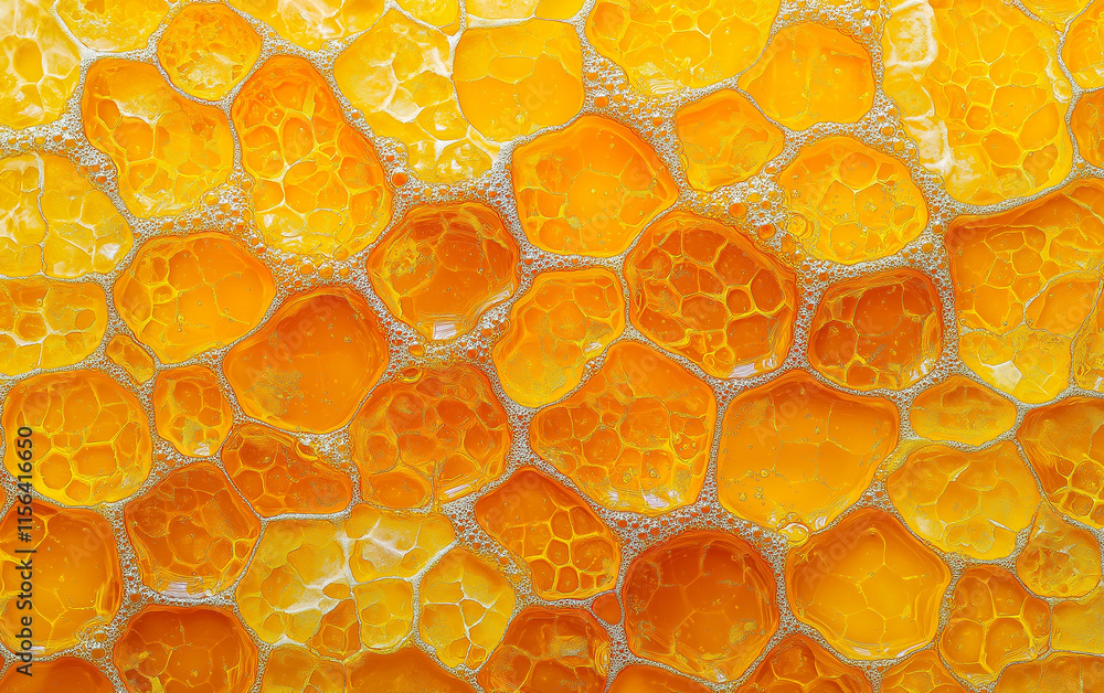 Poster honeycomb pattern close-up- golden hexagonal cells filled with thick, caramel-like liquid honey. hyp