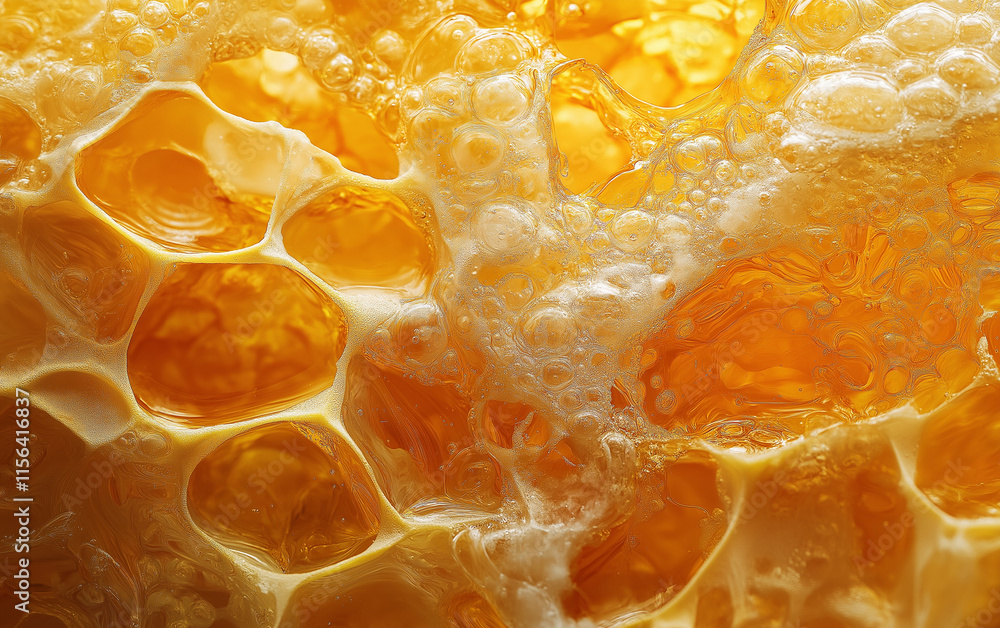 Poster honeycomb pattern close-up- golden hexagonal cells filled with thick, caramel-like liquid honey. hyp
