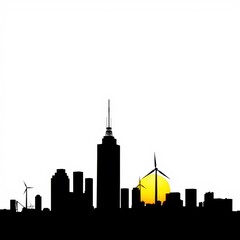 City skyline silhouette with sunset and renewable energy elements white isolate background. skyline silhouette. cityscape illustration architecture city 