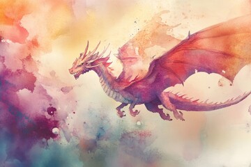 Obraz premium A stunning watercolor illustration of a dragon soaring through a colorful abstract sky, blending warm and cool hues.
