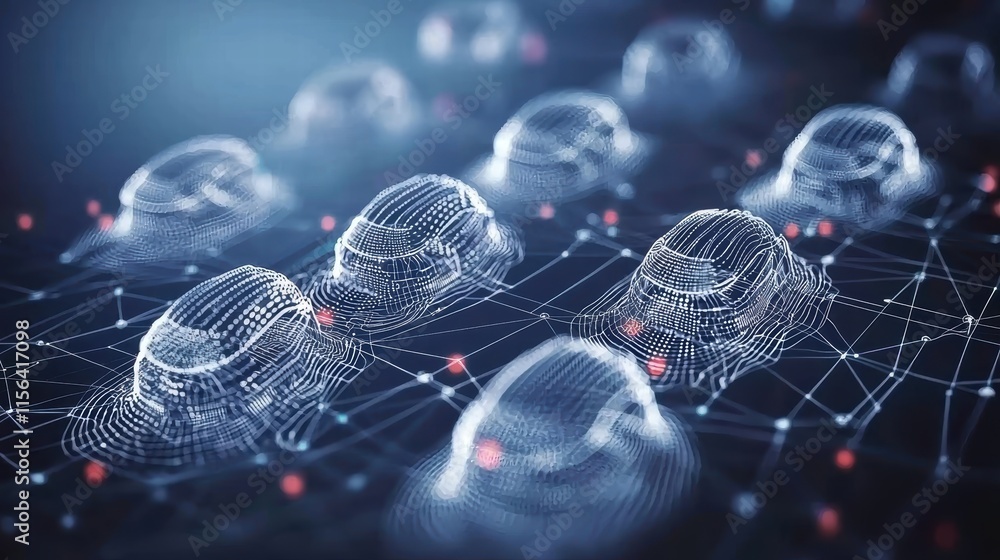 Poster abstract 3d digital network with glowing nodes and wireframe shapes