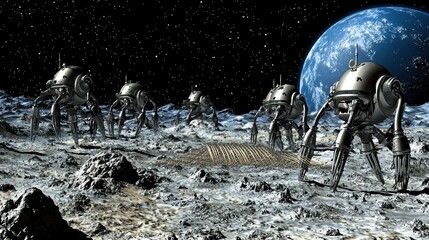 Naklejka premium Futuristic Robots Exploring the Lunar Surface with Earth in Background