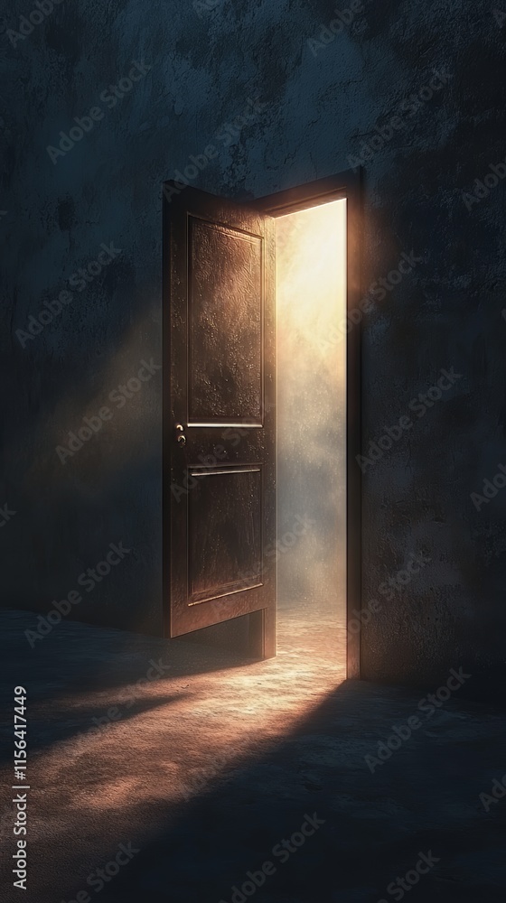 Poster an open door with warm light illuminating a dark room, creating a mysterious and captivating scene.