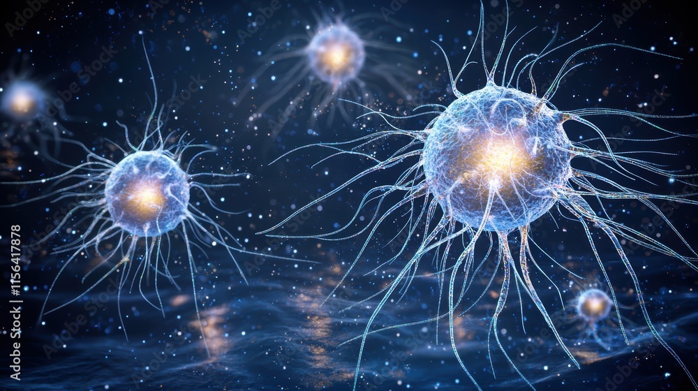 Poster microscopic view of floating cells with tentacle-like projections
