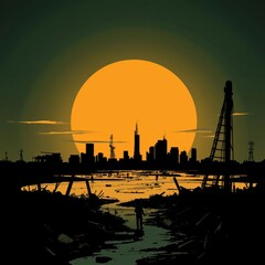 A post-apocalyptic sunset landscape with scattered wreckage. skyline silhouette. cityscape illustration architecture city 