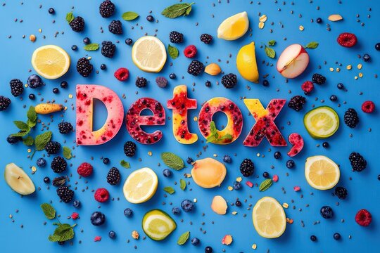 A vibrant and playful take on the word "Detox," with letters made of sliced fruits like lemons, berries, and apples, surrounded by colorful fruit smoothies and scattered seeds.