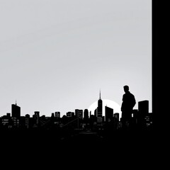 Silhouetted man stands on a building overlooking a city skyline at sunset. skyline silhouette. cityscape illustration architecture city 