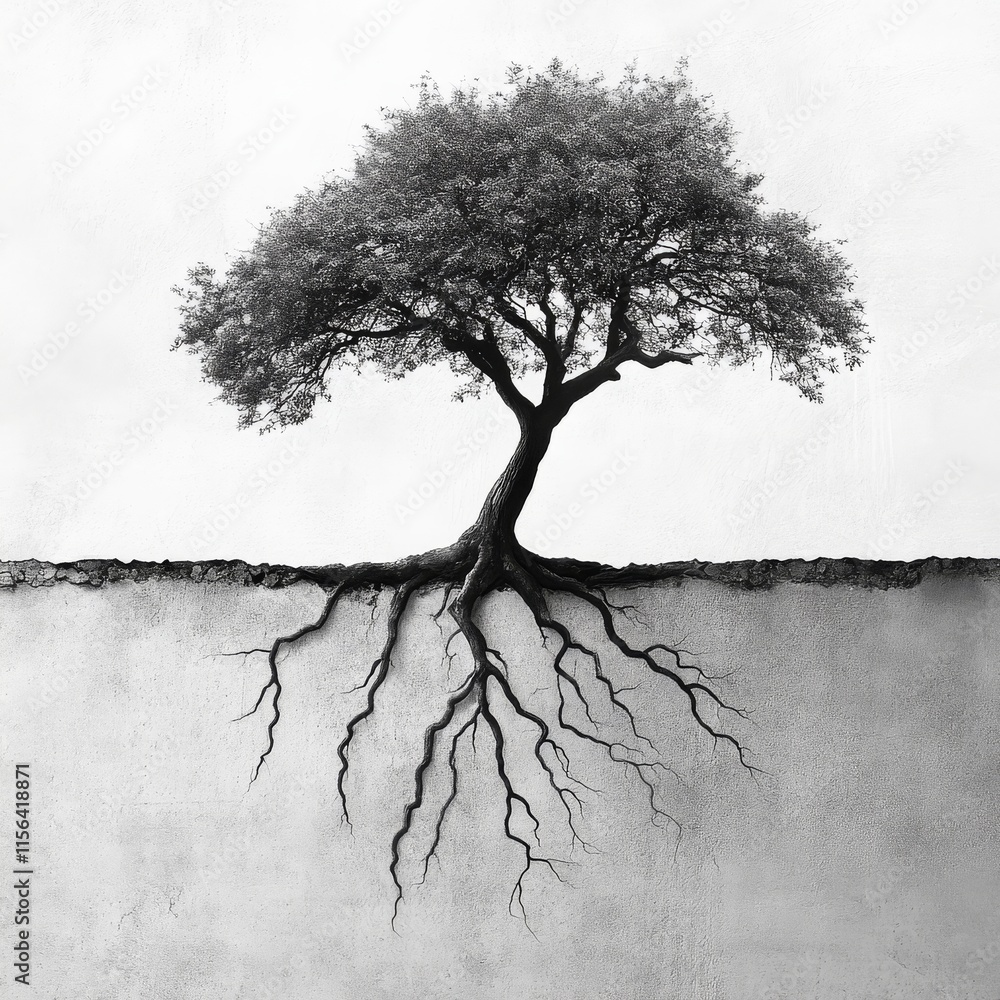 Poster a tree with deep roots breaking through concrete, representing determination to thrive in harsh cond