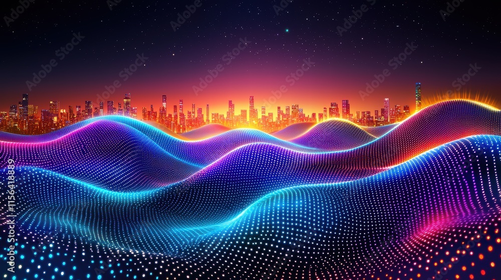 Poster digital wave patterns with city skyline at twilight colors