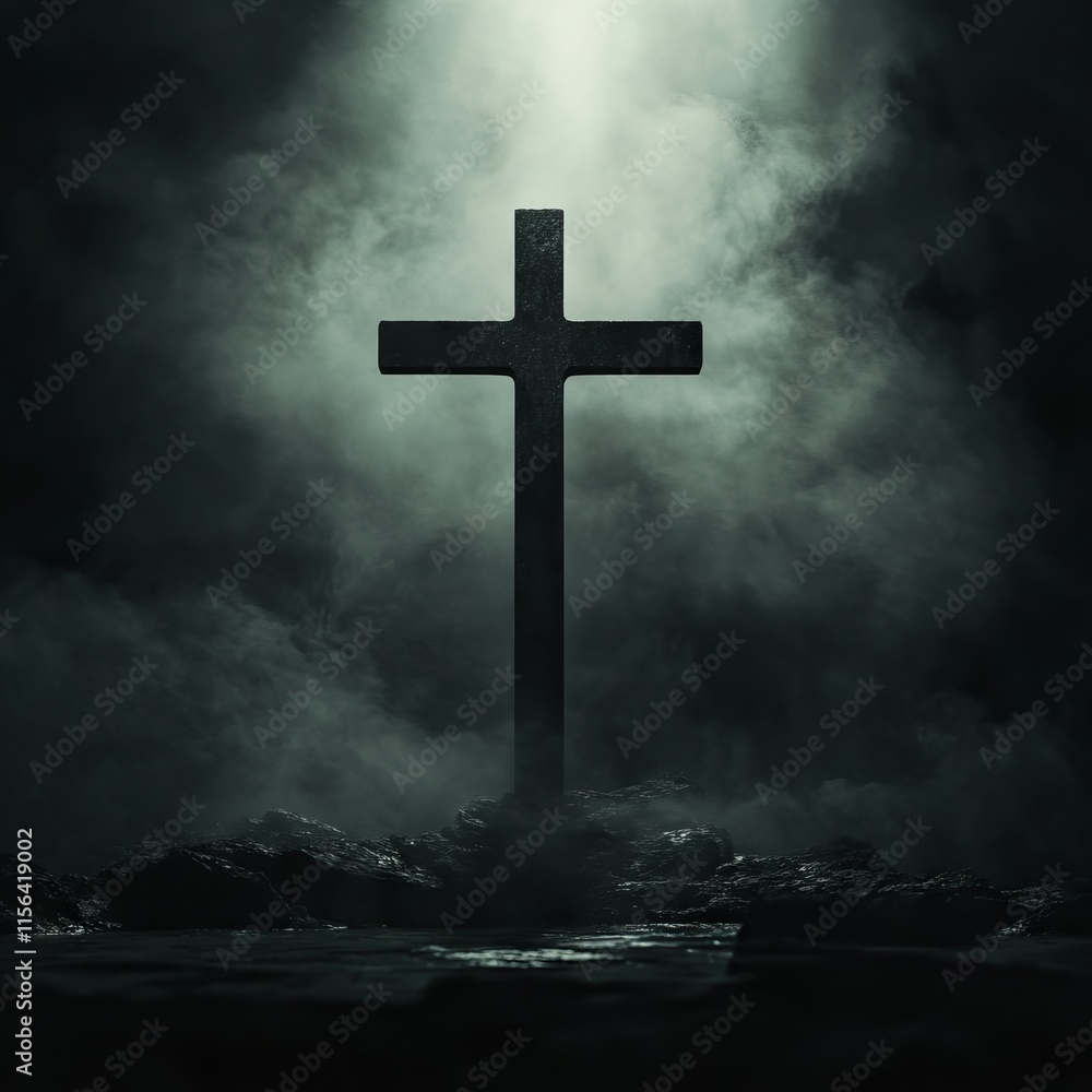 Poster a black cross is in the middle of a foggy, dark background. the cross is surrounded by rocks and he 