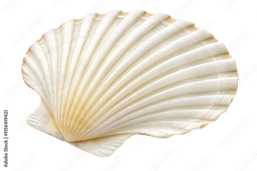 Poster a pristine white scallop shell with uniform grooves, radiating a soft, natural glow and emphasizing 
