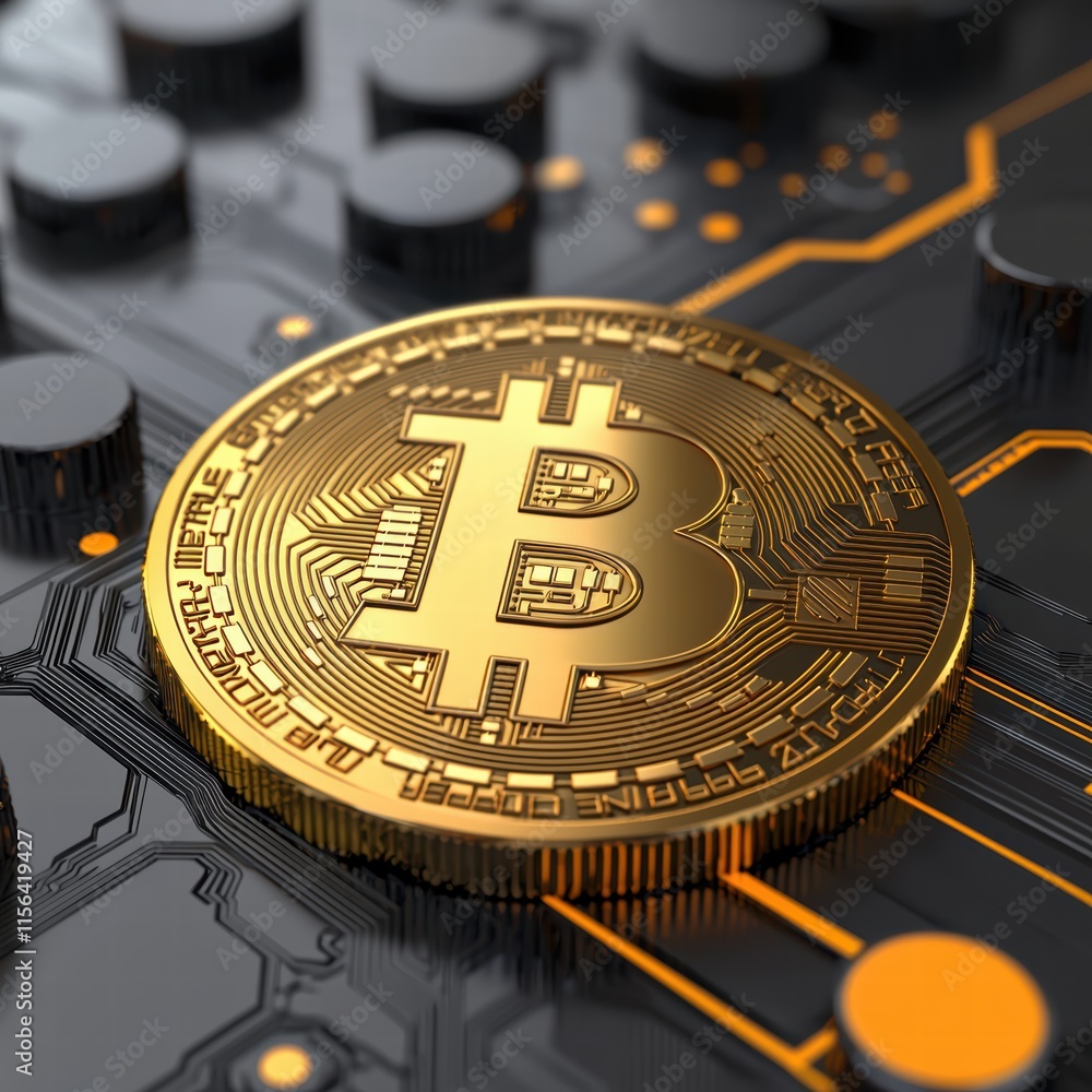 Poster golden bitcoin coin on circuit board background with technology theme
