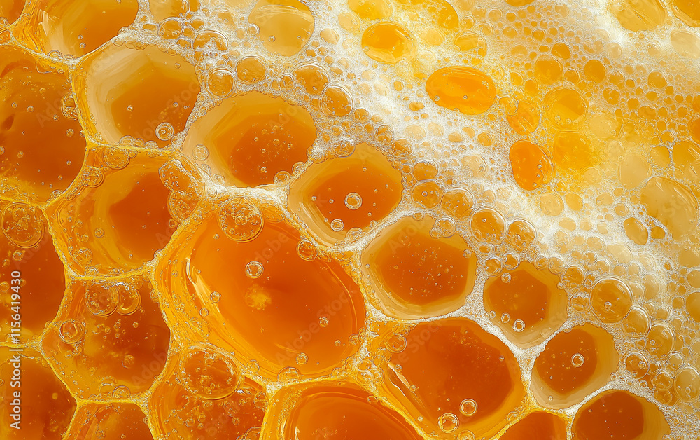 Poster honeycomb pattern close-up- golden hexagonal cells filled with thick, caramel-like liquid honey. hyp