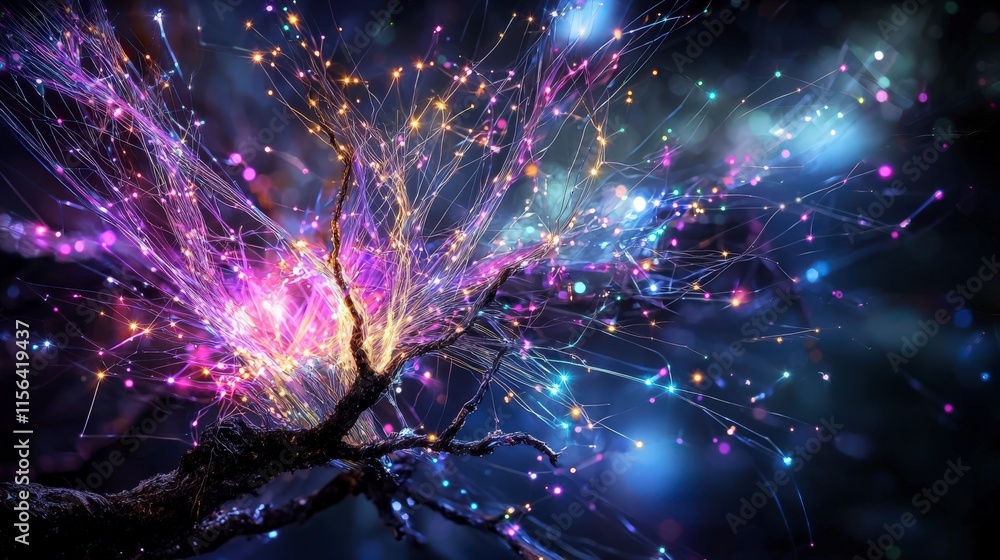 Poster Illuminated fiber optics creating a web of light abstract art digital environment closeup view technology concept