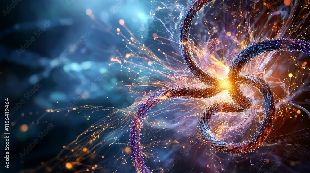 Aufkleber Dynamic light particles twisting into dna-like structures abstract art digital illustration futuristic environment