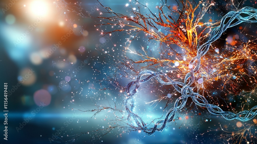 Poster Light particles twisting into dna structure digital art scene abstract vision cosmic environment closeup viewpoint