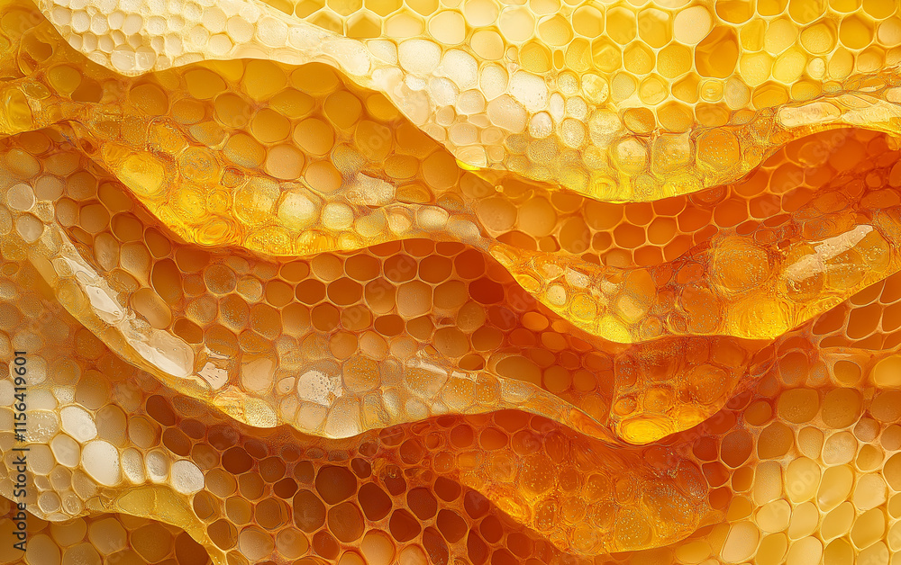 Poster honeycomb pattern close-up- golden hexagonal cells filled with thick, caramel-like liquid honey. hyp