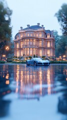 Fototapeta premium Luxury Mansion Sports Car Evening Reflection Cinematic Lighting