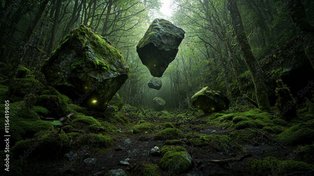 Poster mysterious forest with glowing moss and floating stones enchanted landscape tranquil environment nat