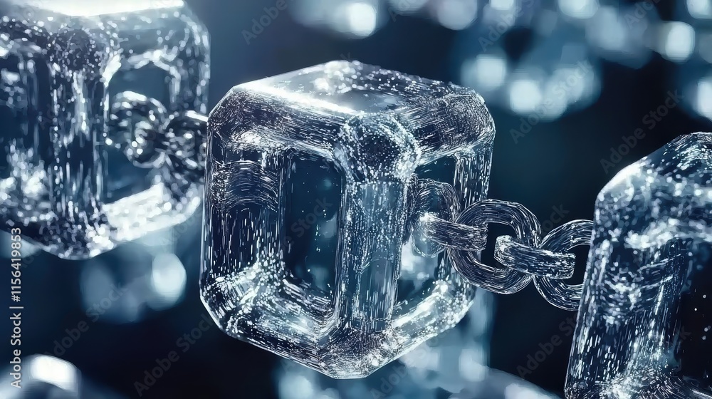 Poster crystal clear ice cubes linked together in a cold background