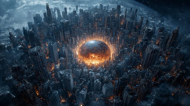 Catastrophic urban destruction futuristic city digital art space aerial view post-apocalyptic euphoria