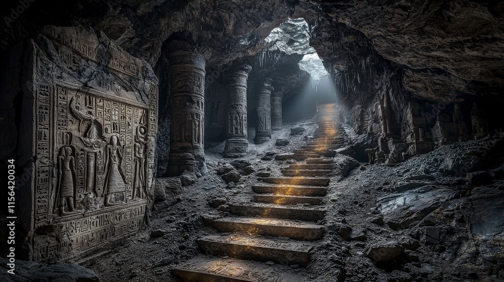 Poster Exploring a forgotten subterranean metropolis carved into rock ancient caves digital art mystical environment low angle view