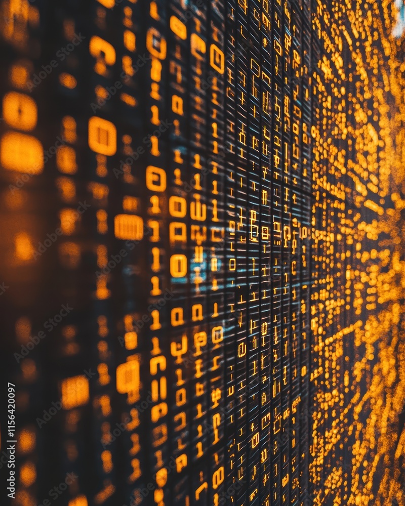 Poster abstract digital data flow with glowing orange binary code lines
