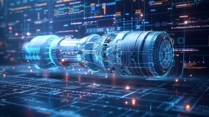 Blueprint of aircraft engine with detailed mechanical part of machine 