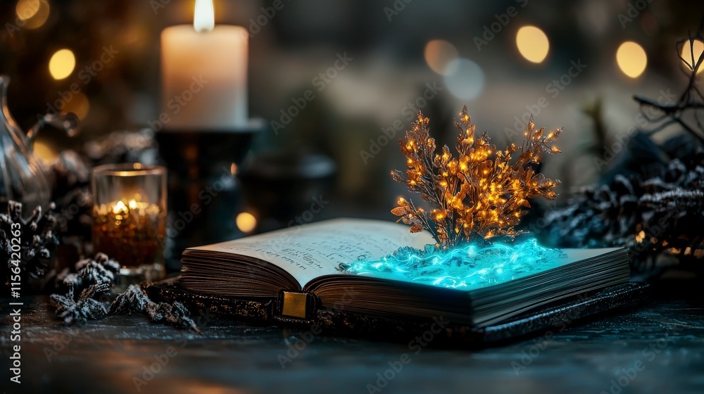 Poster magical diary turning pages alone mystical candlelit setting enchanted forest atmosphere breathtakin