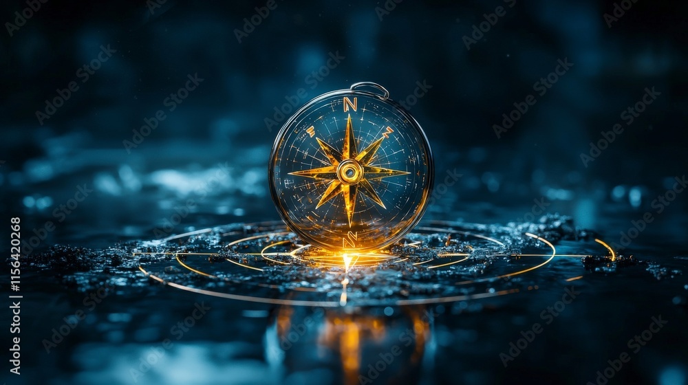Poster illuminated compass circles symbolizing exploration mystical waters digital art enchanted realm clos