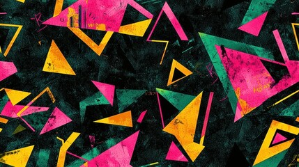Abstract geometric pattern with pink, yellow, and green triangles on a black background