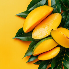 Whole and halved mangoes with lush green leaves, vibrant orange and green colors, high-resolution, 16:9 aspect ratio. 