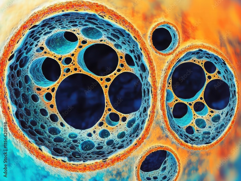 Poster abstract artistic representation of colorful cell structures in depth