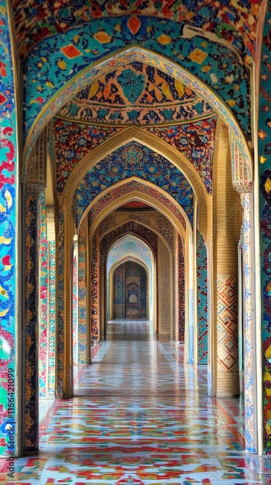 Poster a long hallway with arched ceilings and colorful tiles. the tiles are arranged in a pattern and the 