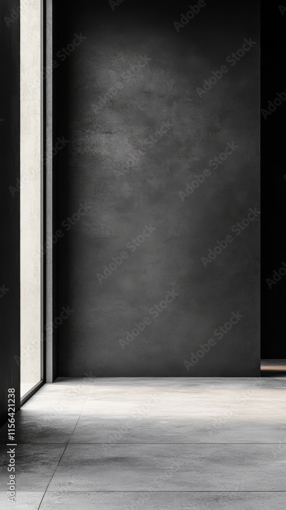 Poster a large, empty room with a wall that is covered in a rough, textured surface. there is a window in t