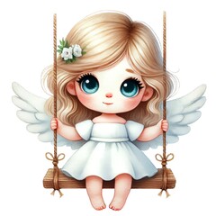Fototapeta premium Cute Cartoon Angel on Swing. Clipart, cartoon mascot for Valentine's Day. AI generated.