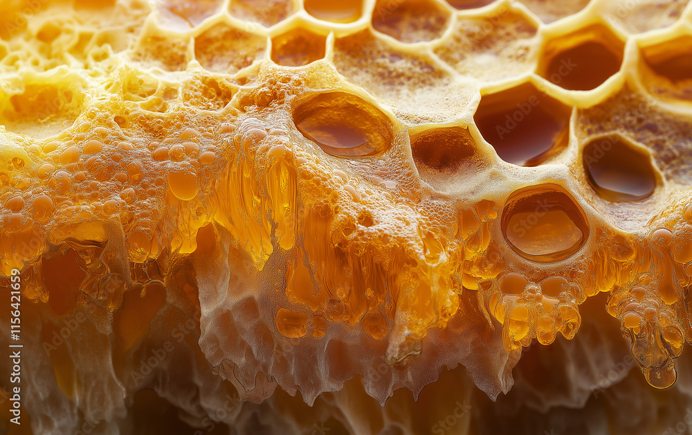 Poster honeycomb pattern close-up- golden hexagonal cells filled with thick, caramel-like liquid honey. hyp