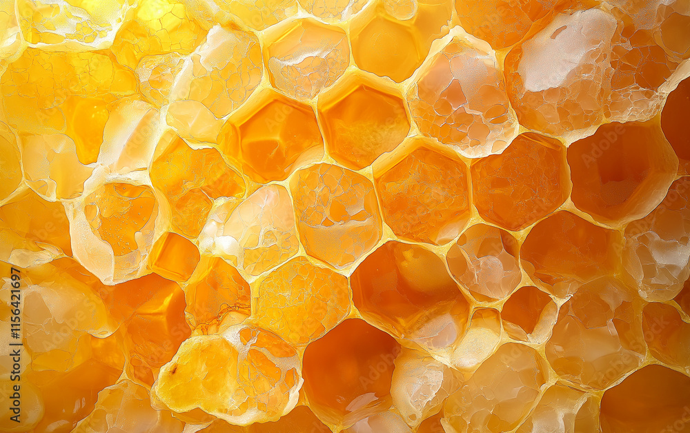 Poster honeycomb pattern close-up- golden hexagonal cells filled with thick, caramel-like liquid honey. hyp
