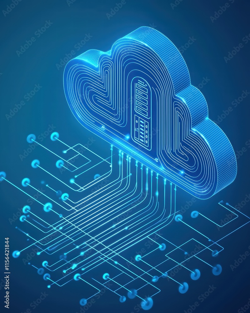 Poster digital cloud computing concept with data transmission lines