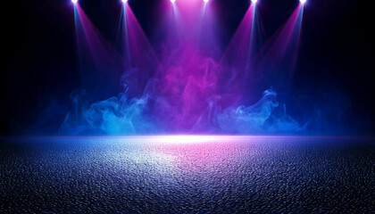 The dark stage shows, empty dark blue, purple, pink background, neon light and spotlights