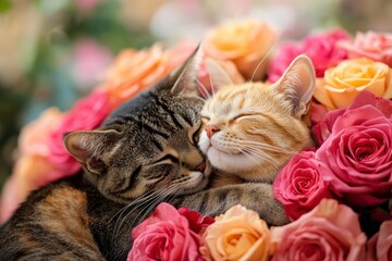 Two cats cuddling peacefully among bouquet of vibrant roses, creating heartwarming scene