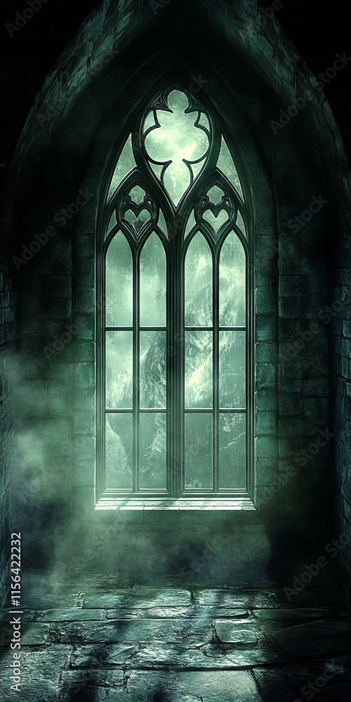 Poster a window in a dark room with a foggy atmosphere. the window is open and the light is coming through 