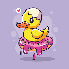 Rubber duck with donut. Vector illustration. Cartoon style.