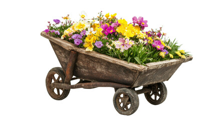 Wooden cart with flowers, transparent background