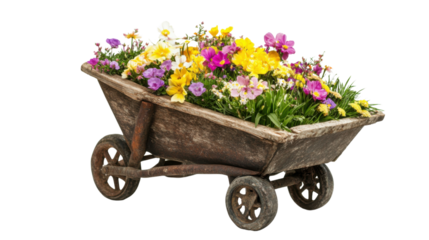 Wooden cart with flowers, transparent background