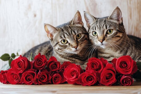 Two cats sitting contentedly next to bouquet of red roses, creating serene and charming scene. cats striped fur contrasts beautifully with vibrant flowers